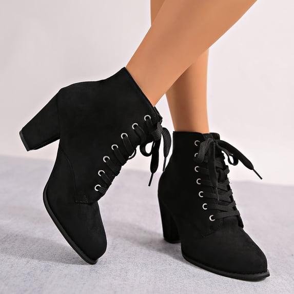 Willtoo Women Faux Suede Lace Up Ankle Boots, Round Toe Chunky Block High Heel Short Booties, Fashion Fall Winter Casual Dress Boots
