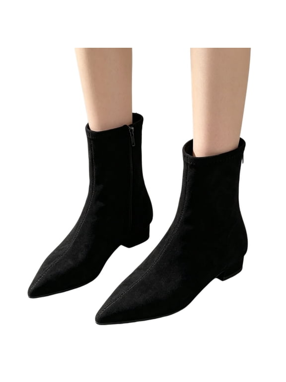 Women Faux Suede Pointed Toe Ankle Boots Low Flat Heel Stretch Short Sock Booties with Back Zipper Fall Winter Fashion Dressy Comfortable Slim Fit Ankle Boots