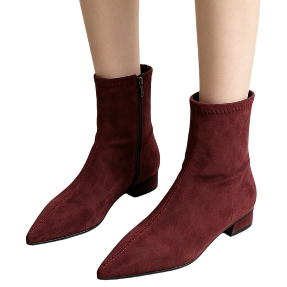 Willtoo Women Faux Suede Pointed Toe Ankle Boots Low Flat Heel Stretch Short Sock Booties with Back Zipper Fall Winter Fashion Dressy Comfortable Slim Fit Ankle Boots