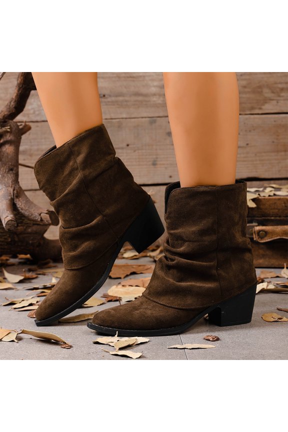 Women Faux Suede Slouch Ankle Boots Pointed Toe Block Heel Short Booties Fall Winter Versatile Ruched Calf Fashion Walking Shoes for Date Street Office Outfits