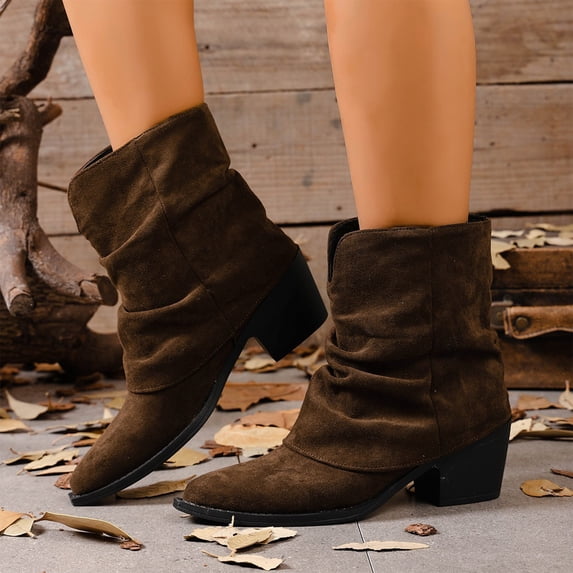 Willtoo Women Faux Suede Slouch Ankle Boots Pointed Toe Block Heel Short Booties Fall Winter Versatile Ruched Calf Fashion Walking Shoes for Date Street Office Outfits