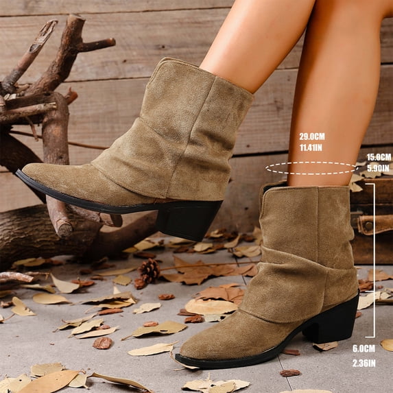 Willtoo Women Faux Suede Slouch Ankle Boots Pointed Toe Block Heel Short Booties Fall Winter Versatile Ruched Calf Fashion Walking Shoes for Date Street Office Outfits