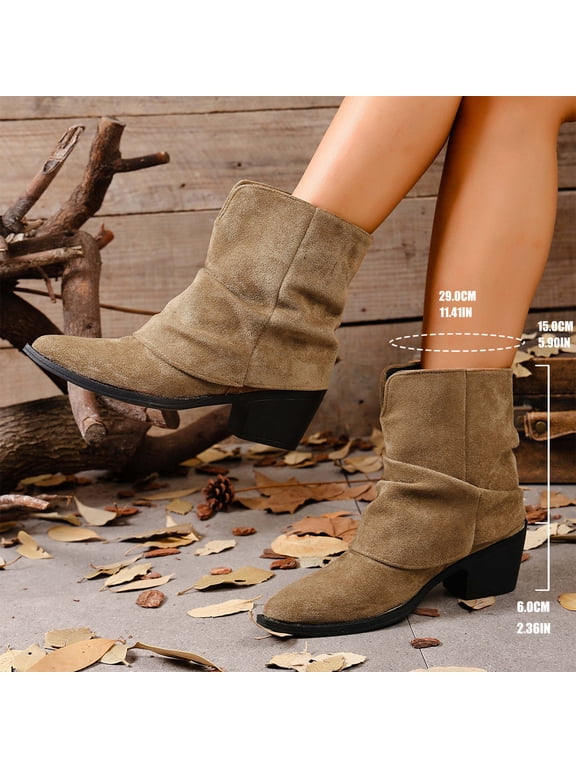 Women Faux Suede Slouch Ankle Boots Pointed Toe Block Heel Short Booties Fall Winter Versatile Ruched Calf Fashion Walking Shoes for Date Street Office Outfits