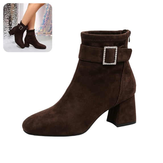 Willtoo Women Faux Suede Square Toe Buckle Block Heel Ankle Boots