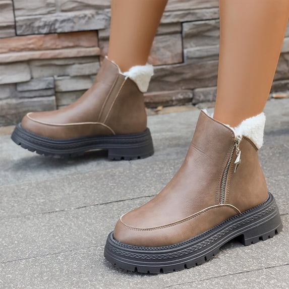 Willtoo Women Fleece Lined Platform Ankle Boots Side Zipper Warm Winter Snow Booties Round Toe Non Slip Thick Sole Short Boots