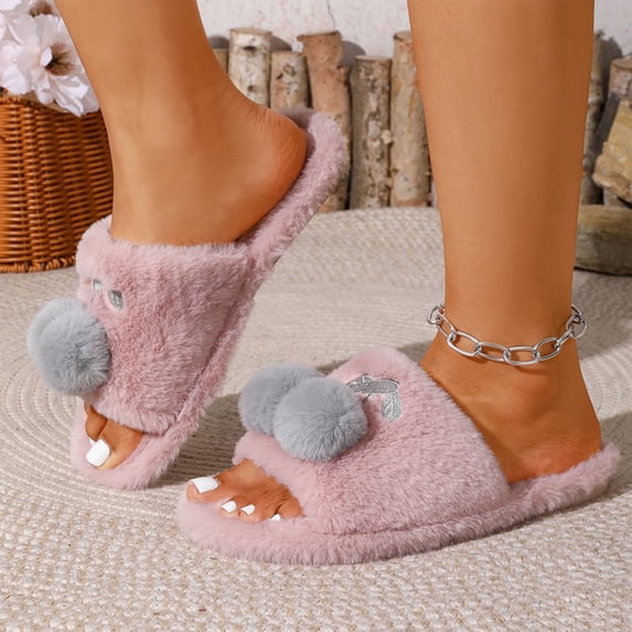 Willtoo Women Fluffy Faux Fur Slide Slippers Cute Non Slip Open Toe Warm House Slippers For Fall Winter Bedroom Shoes