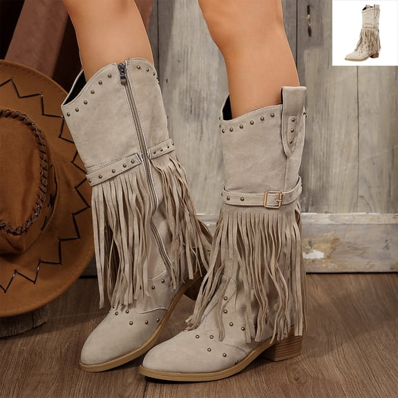 Willtoo Women Fringe Cowboy Western Boots Round Toe Knee High Booties Pull On With Zipper Wide Calf Riding Cowgirl Cowboy Boots