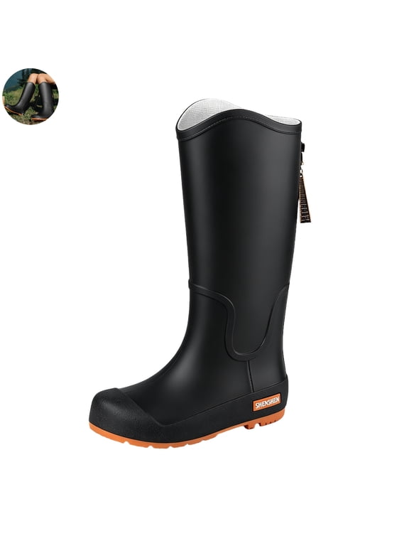 Women Knee High Waterproof Rain Boots, Side Zip Reinforced Toe Lightweight Rain Booties, Non-Slip Sole Tall Rain Shoes