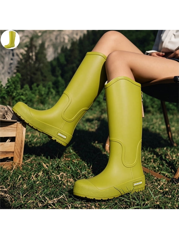 Women Knee High Waterproof Rain Boots, Side Zip Reinforced Toe Lightweight Rain Booties, Non-Slip Sole Tall Rain Shoes