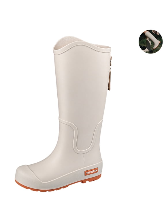 Women Knee High Waterproof Rain Boots, Side Zip Reinforced Toe Lightweight Rain Booties, Non-Slip Sole Tall Rain Shoes