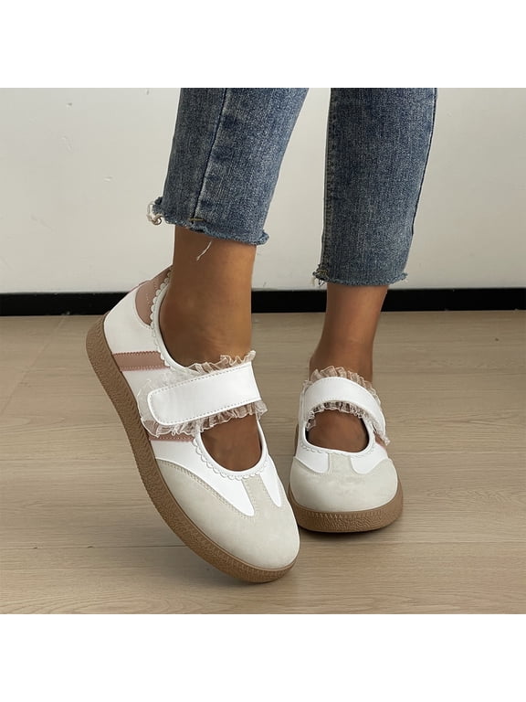 Women Lace Trim Mary Jane Sneakers Adjustable Hook and Loop Strap Casual Trainer Shoes Soft Sole Retro Flat Walking Shoes
