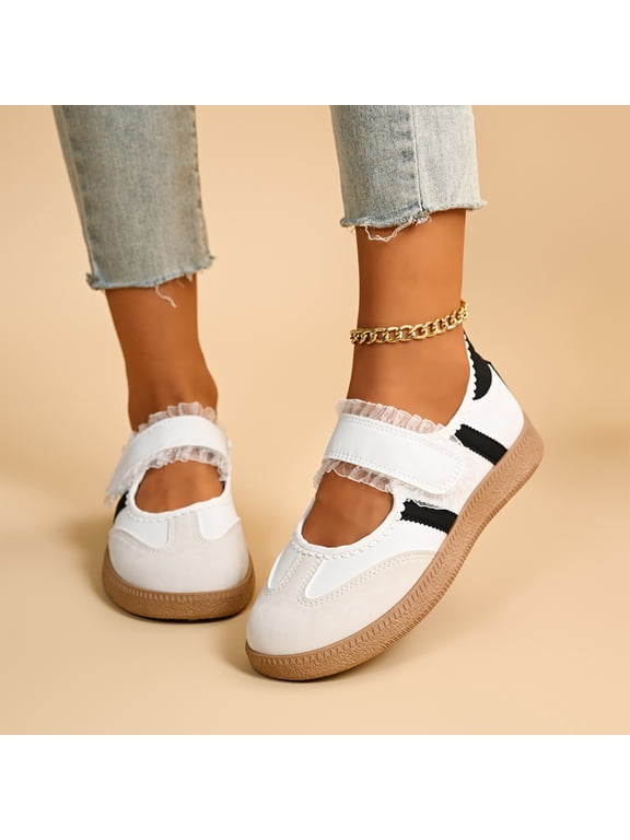 Women Lace Trim Mary Jane Sneakers Adjustable Hook and Loop Strap Casual Trainer Shoes Soft Sole Retro Flat Walking Shoes