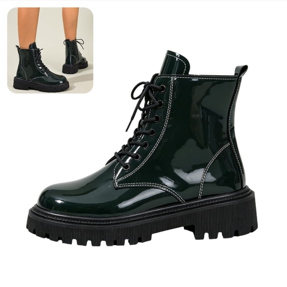 Willtoo Women Mid Calf Booties Faux Sequin Leather Non Slip Boot Lace Up Round Toe Platform Booties Motorcycle Slouchy Bootie