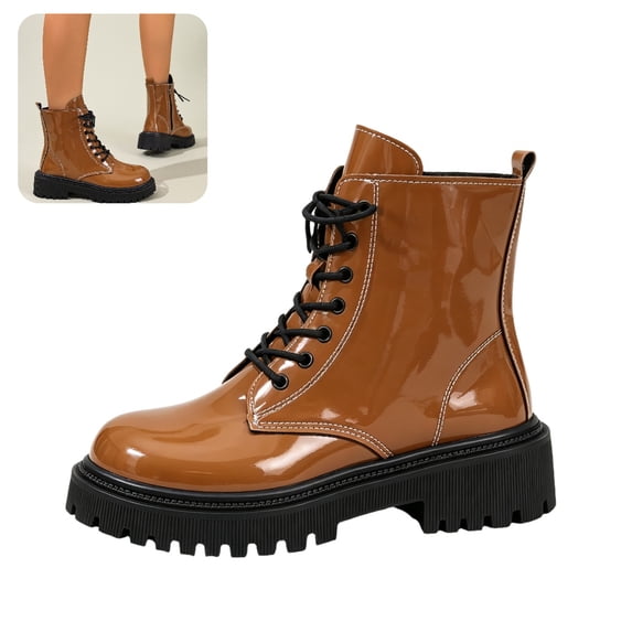 Willtoo Women Mid Calf Booties Faux Sequin Leather Non Slip Boot Lace Up Round Toe Platform Booties Motorcycle Slouchy Bootie