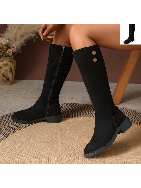Women Mid‑Calf Tall Boots, Round Toe Low Block Heel Side Zipper Boots, Metal Button Decor Soft Upper Fall Winter Casual Fashion Boots