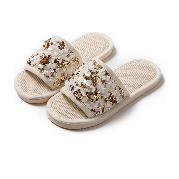 Willtoo Women Open Toe Flat Slides Sparkly Sequin Slip-On Sandals Non-Slip House Footwear Casual Summer Indoor Outdoor