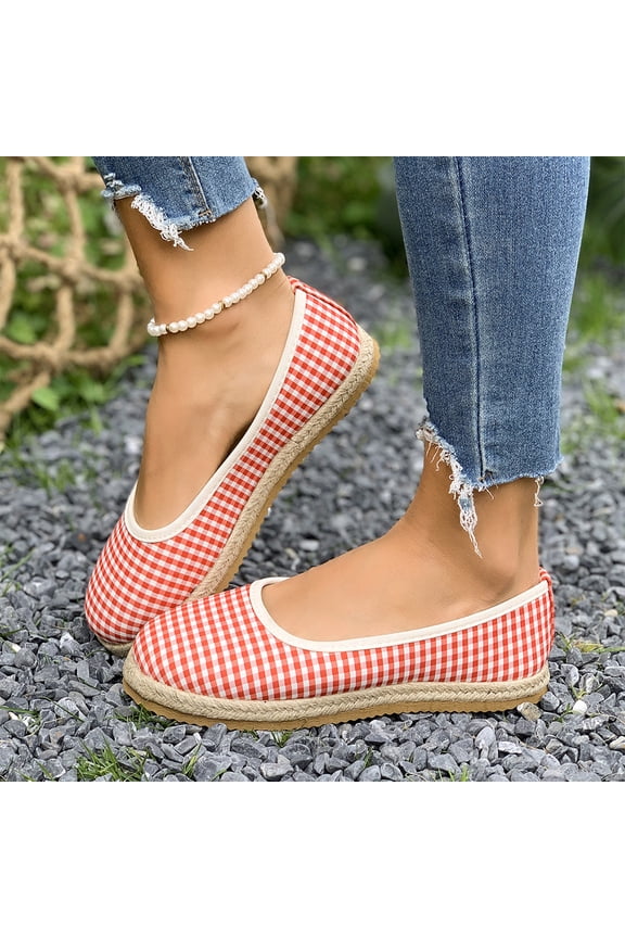 Women Plaid Slip On Flats Woven Rope Sole Gingham Canvas Casual Shoes Lightweight Breathable Round Toe Flat Shoes