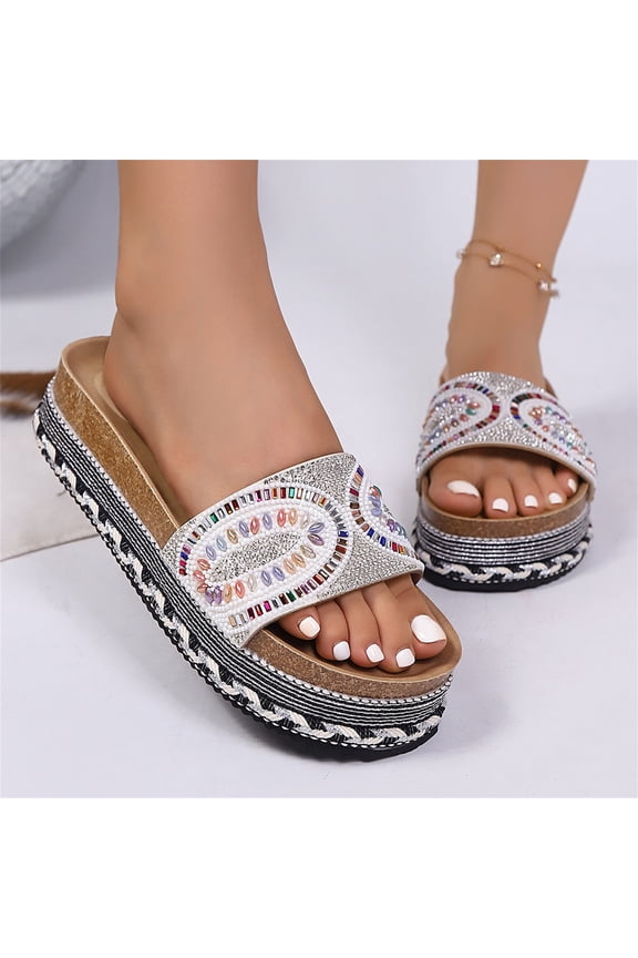 Women Platform Sandals Rhinestone Beaded Pearl Double Buckle Bohemian Luxury Beach Summer Vacation Shoes 5cm Height Increasing Comfort Slides