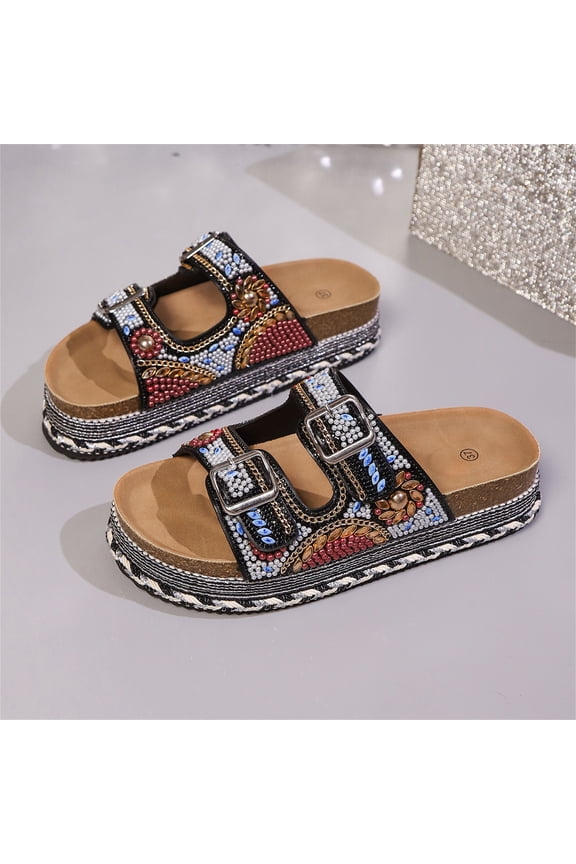Women Platform Sandals Rhinestone Beaded Pearl Double Buckle Bohemian Luxury Beach Summer Vacation Shoes 5cm Height Increasing Comfort Slides