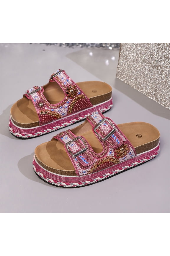Women Platform Sandals Rhinestone Beaded Pearl Double Buckle Bohemian Luxury Beach Summer Vacation Shoes 5cm Height Increasing Comfort Slides