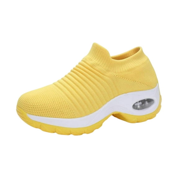 Willtoo Women Platform Sneakers Slip-on Air Cushion Orthopedic Walking Shoes Ladies Toning Rocker Shoes Yellow 38(US-7)