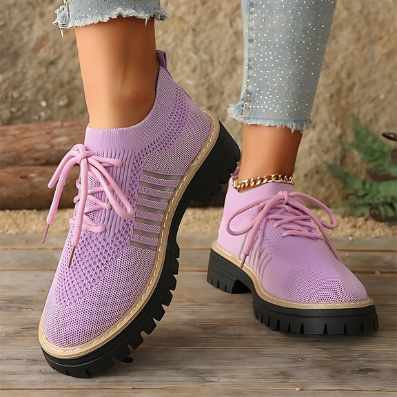 Willtoo Women Platforms Knit Sneakers Lace up Solid Color Casual Shoes Chunky Block Heels Round Toe Fashion Waterproof Comfortable Breathable Non Slip Walking Running Sports Walking Shoes