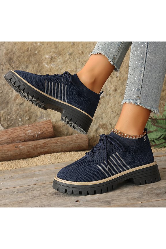 Women Platforms Knit Sneakers Lace up Solid Color Casual Shoes Chunky Block Heels Round Toe Fashion Waterproof Comfortable Breathable Non Slip Walking Running Sports Walking Shoes