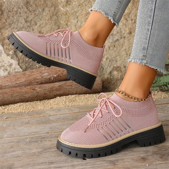Willtoo Women Platforms Knit Sneakers Lace up Solid Color Casual Shoes Chunky Block Heels Round Toe Fashion Waterproof Comfortable Breathable Non Slip Walking Running Sports Walking Shoes