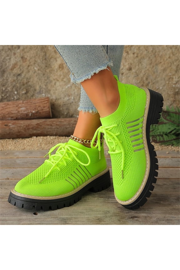 Women Platforms Knit Sneakers Lace up Solid Color Casual Shoes Chunky Block Heels Round Toe Fashion Waterproof Comfortable Breathable Non Slip Walking Running Sports Walking Shoes
