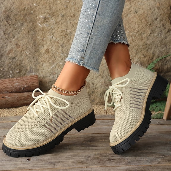 Willtoo Women Platforms Knit Sneakers Lace up Solid Color Casual Shoes Chunky Block Heels Round Toe Fashion Waterproof Comfortable Breathable Non Slip Walking Running Sports Walking Shoes