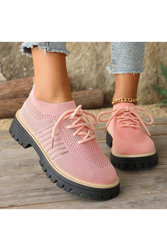 Women Platforms Knit Sneakers Lace up Solid Color Casual Shoes Chunky Block Heels Round Toe Fashion Waterproof Comfortable Breathable Non Slip Walking Running Sports Walking Shoes