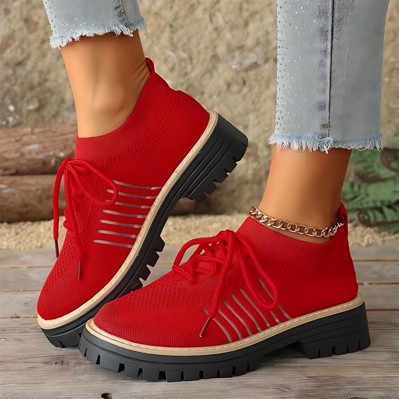 Willtoo Women Platforms Knit Sneakers Lace up Solid Color Casual Shoes Chunky Block Heels Round Toe Fashion Waterproof Comfortable Breathable Non Slip Walking Running Sports Walking Shoes