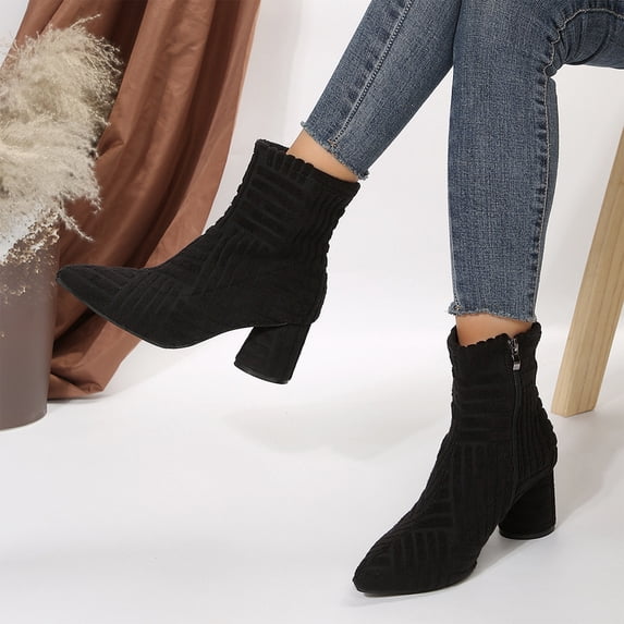 Willtoo Women Pointed Toe Ankle Booties Chunky Block Heel Side Zipper Stretch Sock Boots Fall Winter Fashion Non Slip Short Boots