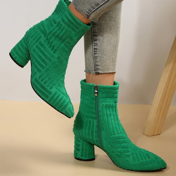 Willtoo Women Pointed Toe Ankle Boots Side Zipper Block Heel Short Booties Fall Winter Fashion Textured Stretch Knit Boots