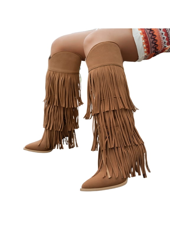 Women Pointed Toe Fringe Knee High Boots V-Cut Stiletto Heel Western Style Booties for Party Dating and Autumn Winter Daily Occasions