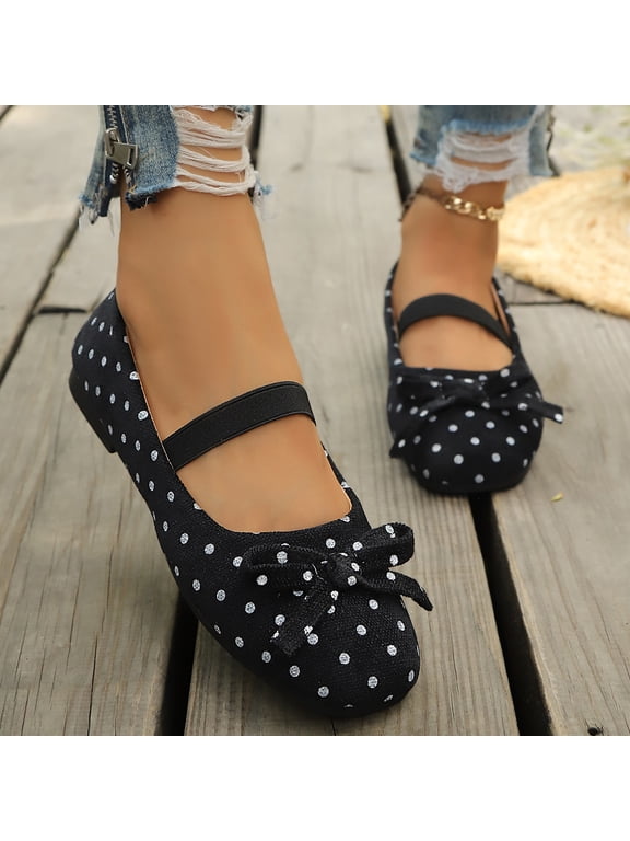 Women Polka Dot Bow Mary Jane Flats Round Toe Elastic Strap Slip On Canvas Shoes Lightweight Soft Sole Casual Ballet Flats