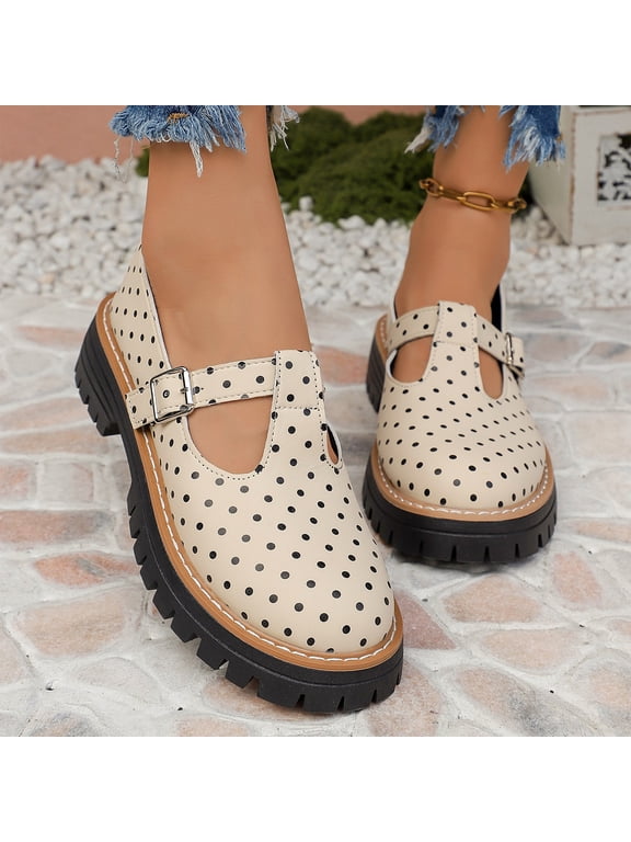 Women Polka Dot T-Strap Mary Jane Platform Shoes, Adjustable Buckle Lug Sole Round Toe Chunky Loafers, Elegant Block Heel Non-Slip Slip-On Dress Shoes Casual Daily Work School Shoes