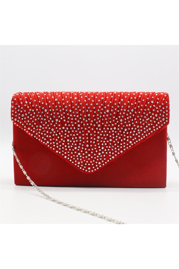 Women Rhinestone Decor Envelope Clutch Bag Evening Party Handbag Purse Red