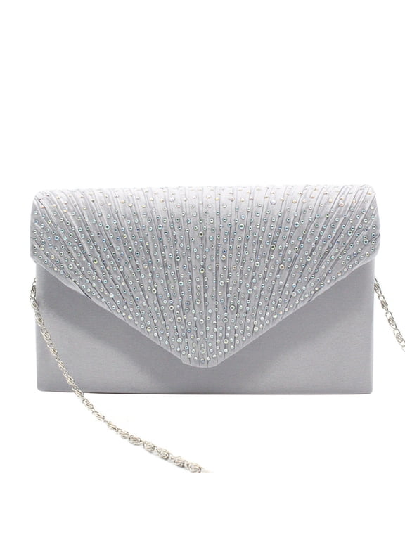 Women Rhinestone Decor Envelope Clutch Bag Evening Party Handbag Purse Silver