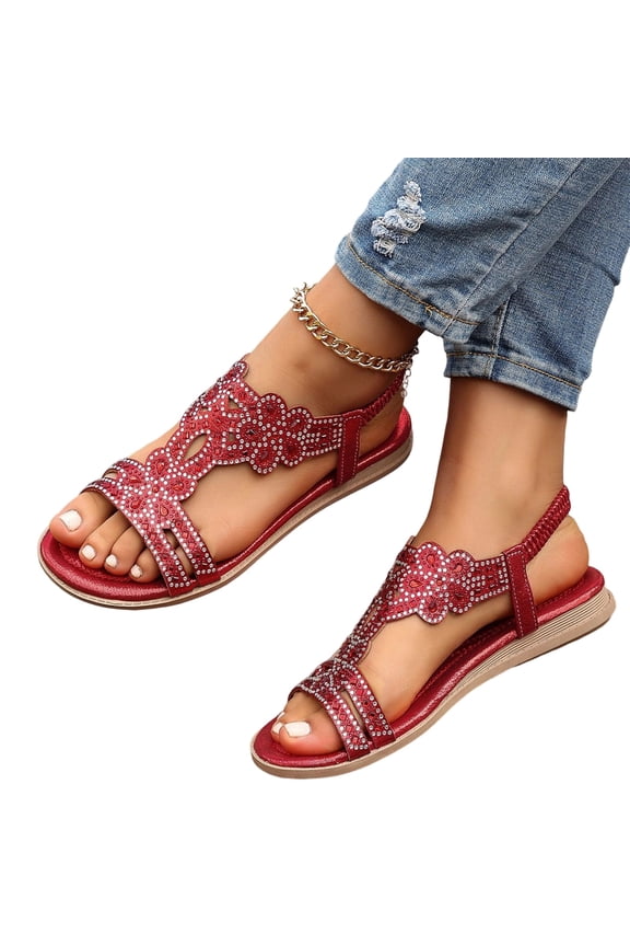 Women Rhinestone Sandals T-Strap Buckle Bohemian Pearl Crystal Flat Sandals