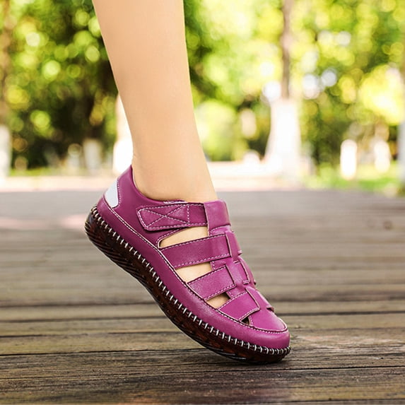 Willtoo Women'S Casual Leather Flat Sandals Comfortable Round Toe Closed Toe Non-Slip Oxford Sole Breathable Beach Orthopedic Sandals