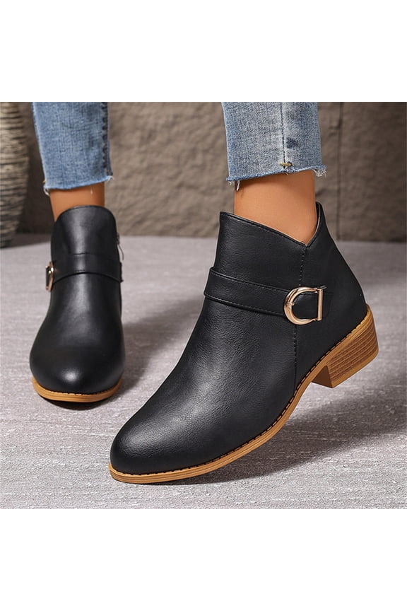 Women’S Leather Buckle Strap Chunky Ankle Boots With Side Zipper Fashion Pointed Toe Stacked Block Low Heel Non Slip Short Boots Working Party Dress Boots Black