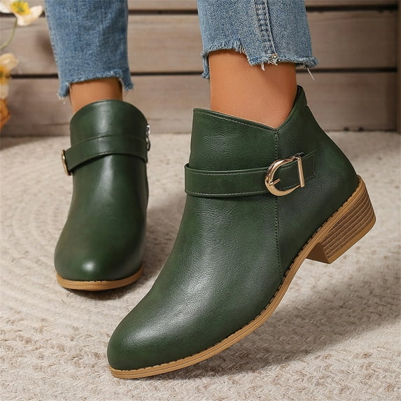 Willtoo Women’S Leather Buckle Strap Chunky Ankle Boots With Side Zipper Fashion Pointed Toe Stacked Block Low Heel Non Slip Short Boots Working Party Dress Boots Green