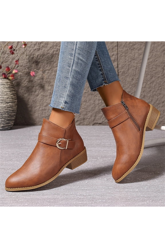 Women’S Leather Buckle Strap Chunky Ankle Boots With Side Zipper Fashion Pointed Toe Stacked Block Low Heel Non Slip Short Boots Working Party Dress Boots Brown