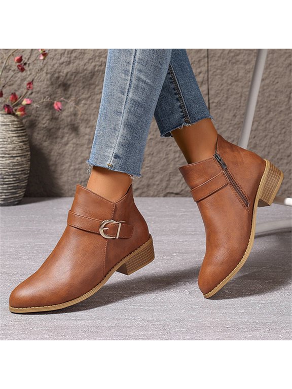 Women’S Leather Buckle Strap Chunky Ankle Boots With Side Zipper Fashion Pointed Toe Stacked Block Low Heel Non Slip Short Boots Working Party Dress Boots Brown