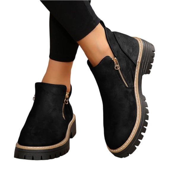 Willtoo Women'S Vintage Low Heel Casual Ankle Boots Fashion Pointed Toe Side Zipper Chunky Heels Platform Retro Leather Boots Comfort Non-Slip Slip On Flat Shoes Booties Black