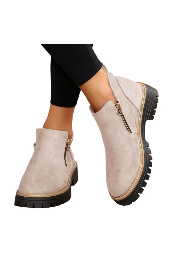 Women'S Vintage Low Heel Casual Ankle Boots Fashion Pointed Toe Side Zipper Chunky Heels Platform Retro Leather Boots Comfort Non-Slip Slip On Flat Shoes Booties Beige