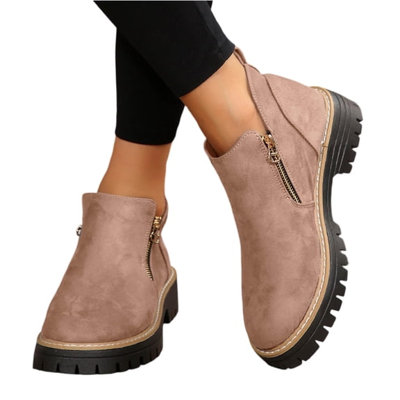 Willtoo Women'S Vintage Low Heel Casual Ankle Boots Fashion Pointed Toe Side Zipper Chunky Heels Platform Retro Leather Boots Comfort Non-Slip Slip On Flat Shoes Booties Pink