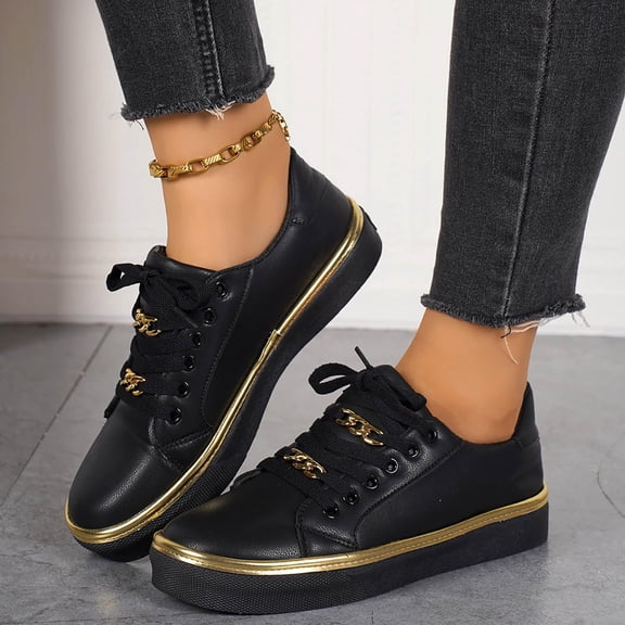 Willtoo Women Shinny Leather Sneakers Lace up Platforms Walking Shoes Round Toe Chunky Heels Breathable Athletic Sports Shoes Trendy Waterproof Comfortable Non Slip Running Couple Sneaker Black