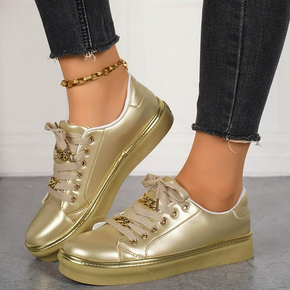 Willtoo Women Shinny Leather Sneakers Lace up Platforms Walking Shoes Round Toe Chunky Heels Breathable Athletic Sports Shoes Trendy Waterproof Comfortable Non Slip Running Couple Sneaker Gold